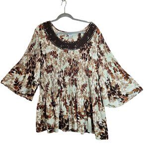 Catherines Womens 4X Brown Leaf Print Pleated Blouse Crochet Neck bell sleeves